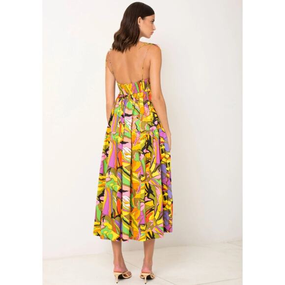 SWF Birds of Paradise A-Line Dress Smocked Square Neck Tie Shoulder Midi Floral - Picture 3 of 13